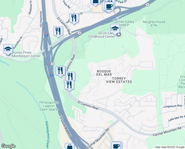 map of restaurants, bars, coffee shops, grocery stores, and more near 3856 Via del Mar in San Diego
