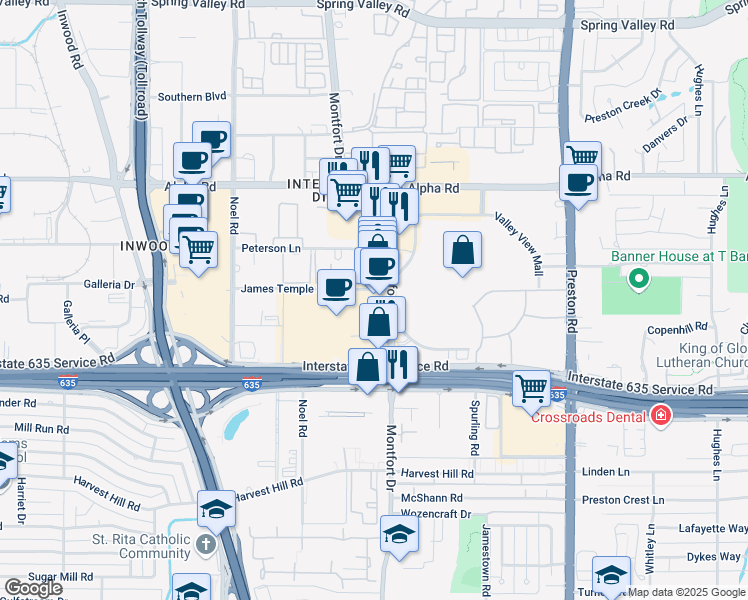 map of restaurants, bars, coffee shops, grocery stores, and more near 13139 Montfort Drive in Dallas