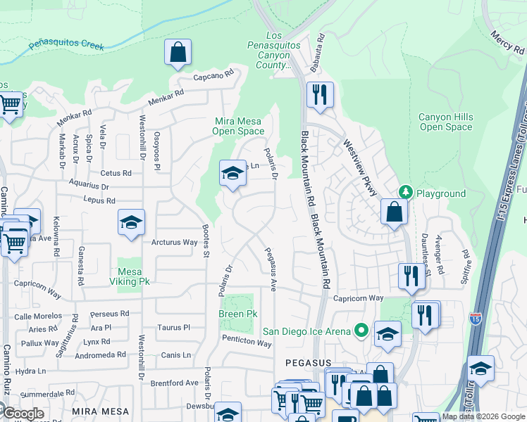 map of restaurants, bars, coffee shops, grocery stores, and more near 9079 Kirby Court in San Diego
