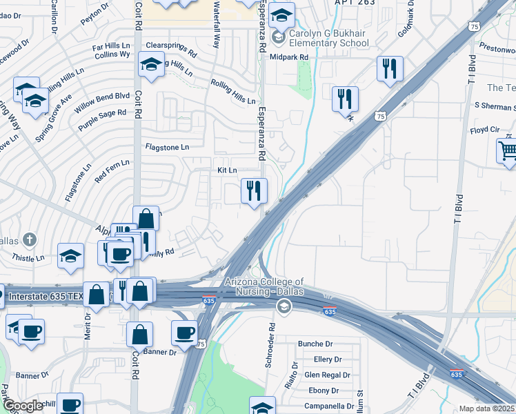 map of restaurants, bars, coffee shops, grocery stores, and more near 13323 Esperanza Road in Dallas