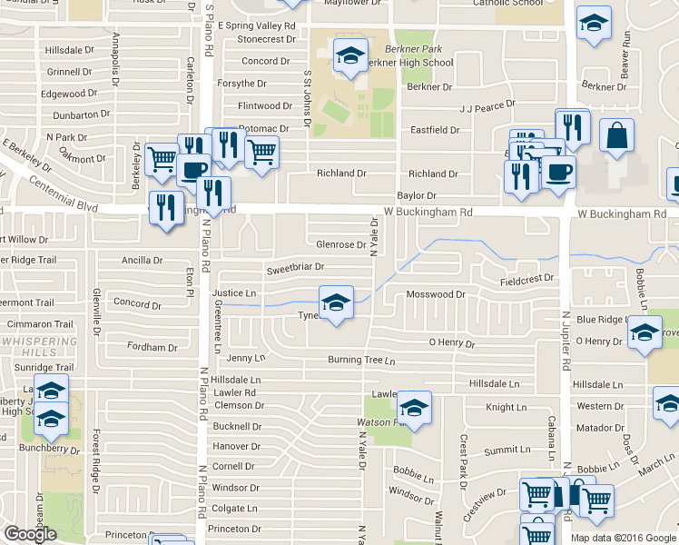 map of restaurants, bars, coffee shops, grocery stores, and more near 4014 Glenrose Drive in Garland