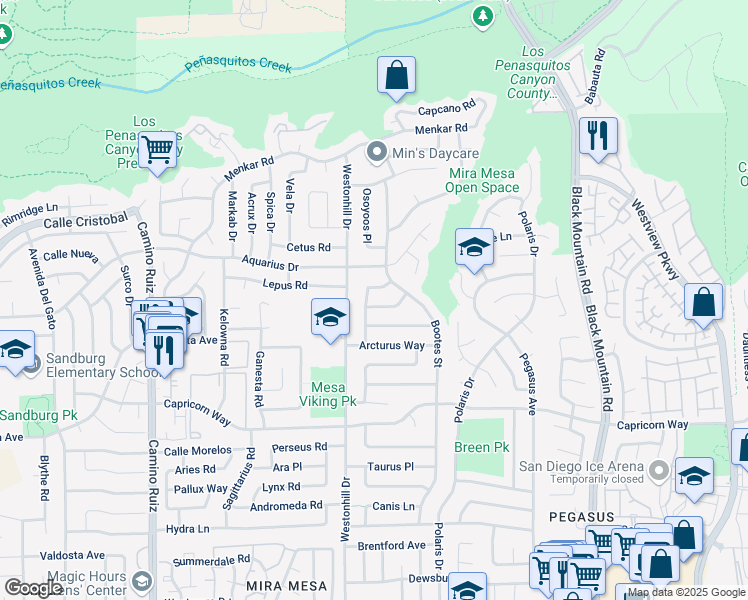map of restaurants, bars, coffee shops, grocery stores, and more near 8818 Keremeos Way in San Diego