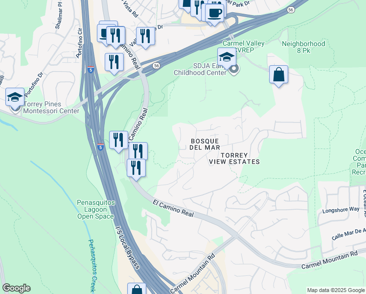 map of restaurants, bars, coffee shops, grocery stores, and more near 3854-56 Via del Mar in San Diego