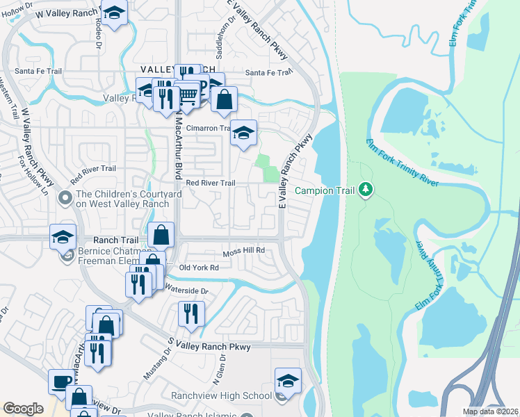 map of restaurants, bars, coffee shops, grocery stores, and more near 8903 East Valley Ranch Parkway in Irving