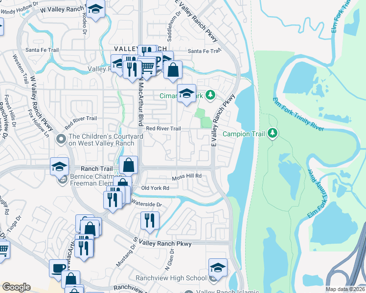 map of restaurants, bars, coffee shops, grocery stores, and more near 8800 Saddlehorn Drive in Irving