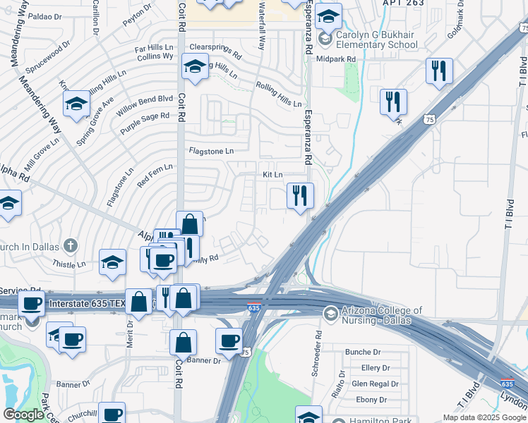 map of restaurants, bars, coffee shops, grocery stores, and more near 13330 Emily Road in Dallas