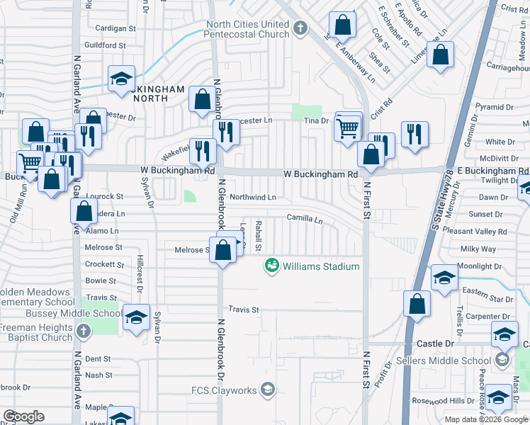 map of restaurants, bars, coffee shops, grocery stores, and more near 614 Northwind Lane in Garland