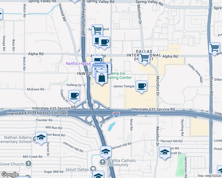 map of restaurants, bars, coffee shops, grocery stores, and more near 13290 Noel Road in Dallas