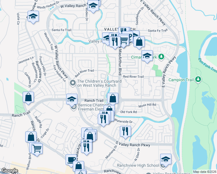 map of restaurants, bars, coffee shops, grocery stores, and more near 637 Fiesta Circle in Irving