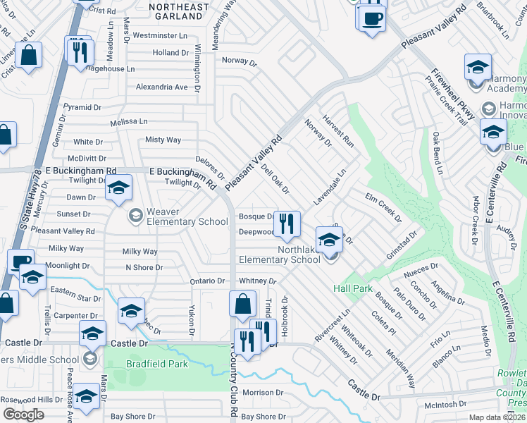 map of restaurants, bars, coffee shops, grocery stores, and more near 1429 Bosque Drive in Garland