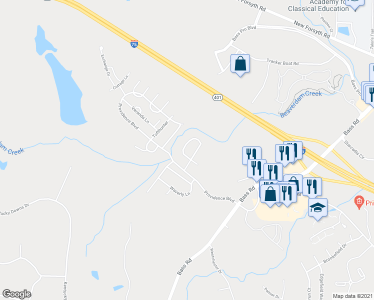 map of restaurants, bars, coffee shops, grocery stores, and more near 362 Carillon Lane in Macon