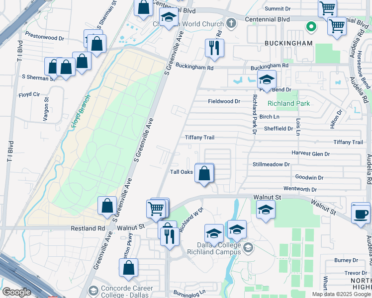 map of restaurants, bars, coffee shops, grocery stores, and more near 1111 Abrams Road in Richardson