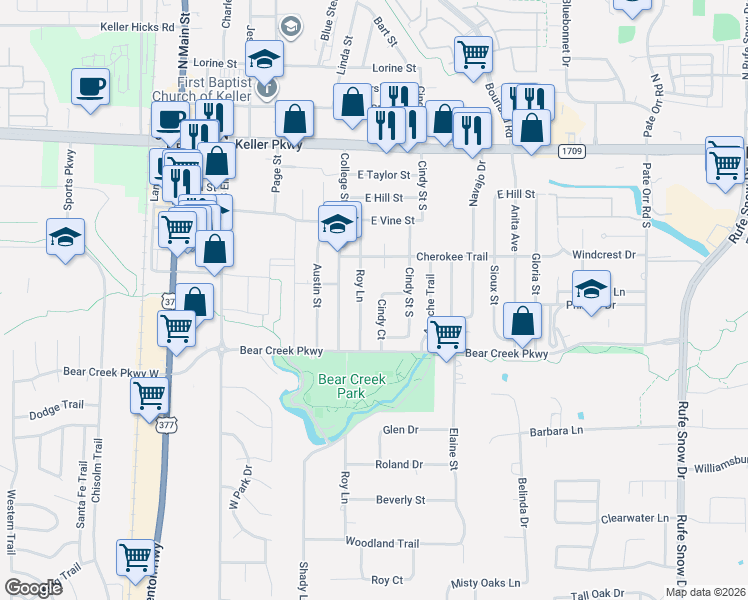 map of restaurants, bars, coffee shops, grocery stores, and more near 313 Cindy Court in Keller