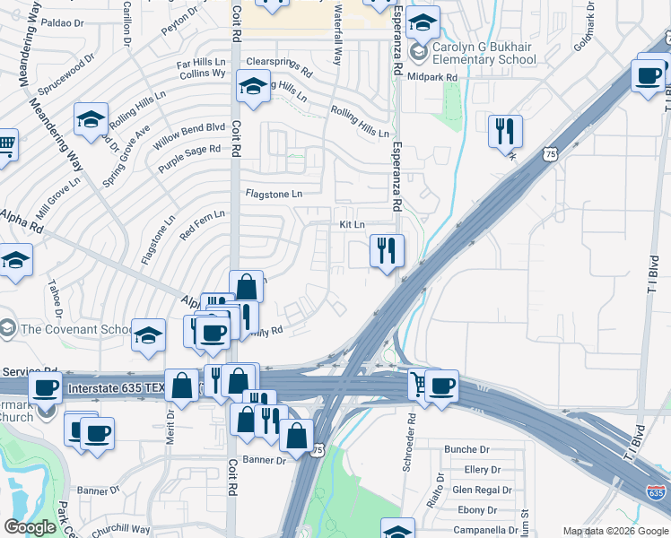 map of restaurants, bars, coffee shops, grocery stores, and more near 13330 Emily Road in Dallas