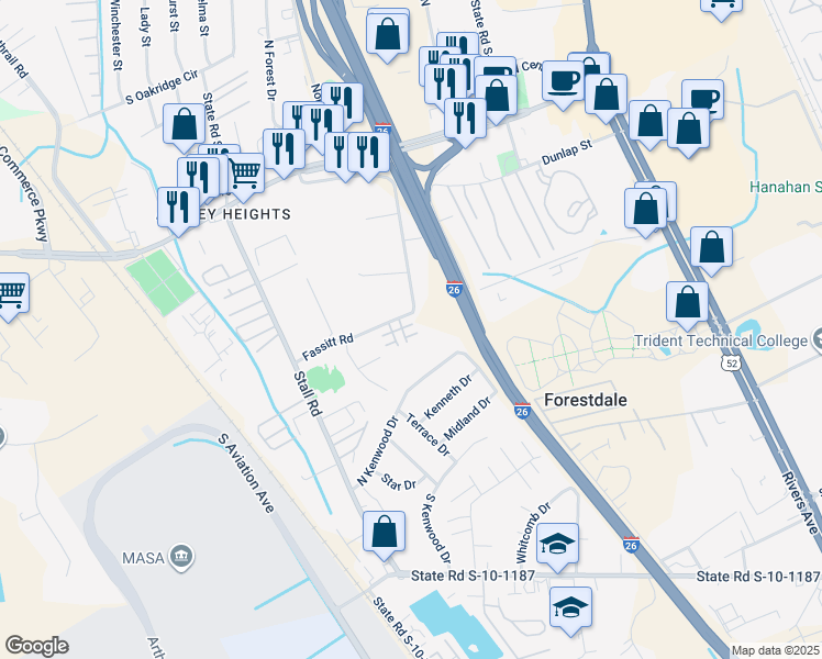 map of restaurants, bars, coffee shops, grocery stores, and more near 2561 Fassitt Road in North Charleston