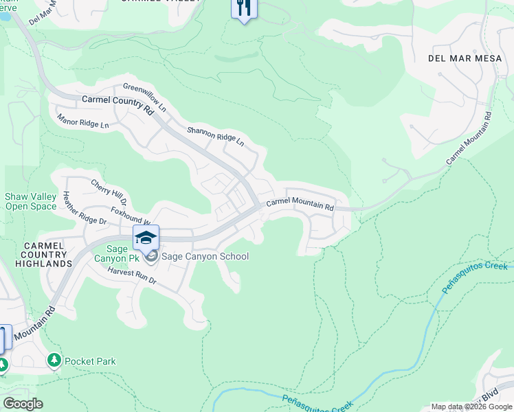 map of restaurants, bars, coffee shops, grocery stores, and more near Carmel Mountain Road & Carmel Country Road in San Diego