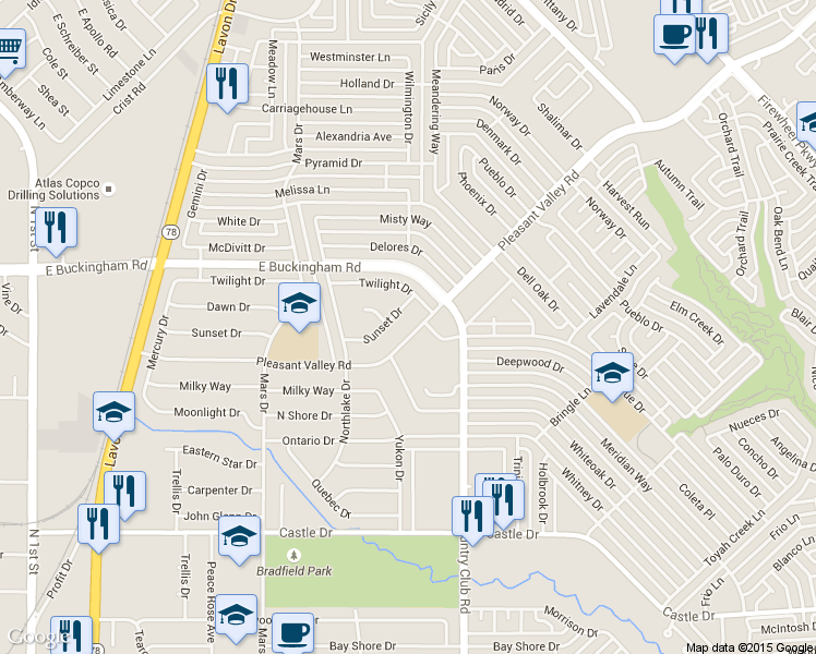 map of restaurants, bars, coffee shops, grocery stores, and more near 1109 Sunset Drive in Garland