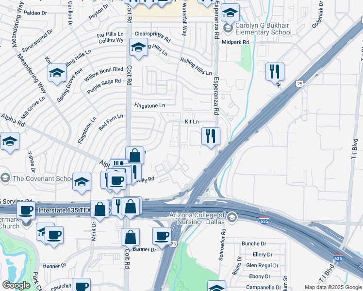 map of restaurants, bars, coffee shops, grocery stores, and more near 13353 Emily Road in Dallas