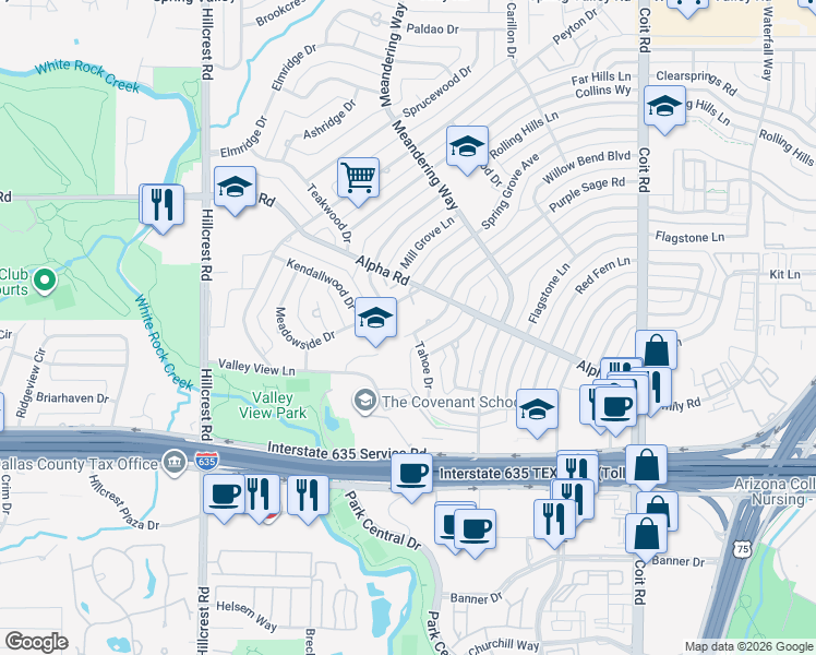 map of restaurants, bars, coffee shops, grocery stores, and more near 13310 Spring Grove Avenue in Dallas