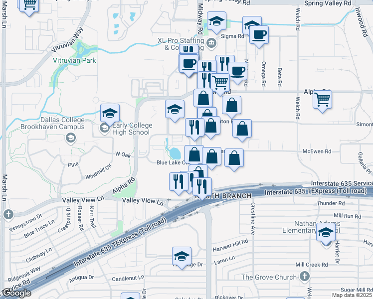 map of restaurants, bars, coffee shops, grocery stores, and more near in Farmers Branch
