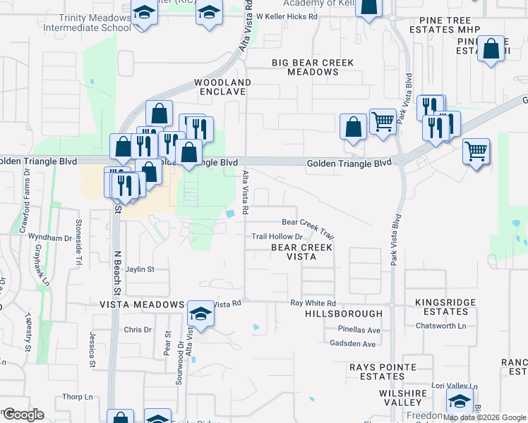 map of restaurants, bars, coffee shops, grocery stores, and more near 4804 Big Bear Circle in Fort Worth