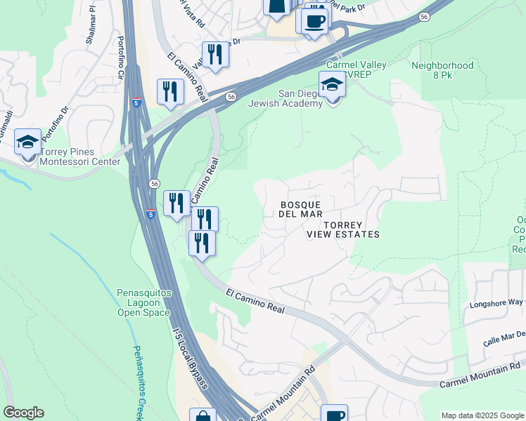 map of restaurants, bars, coffee shops, grocery stores, and more near Via del Mar in San Diego