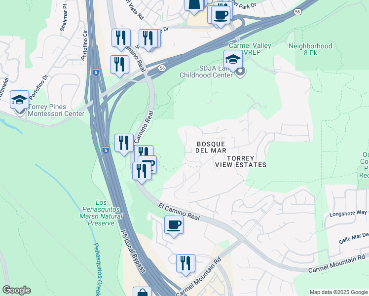 map of restaurants, bars, coffee shops, grocery stores, and more near Via del Mar in San Diego