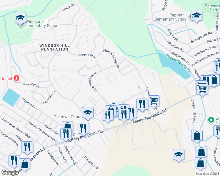 map of restaurants, bars, coffee shops, grocery stores, and more near 8240 Timberidge Court in Charleston