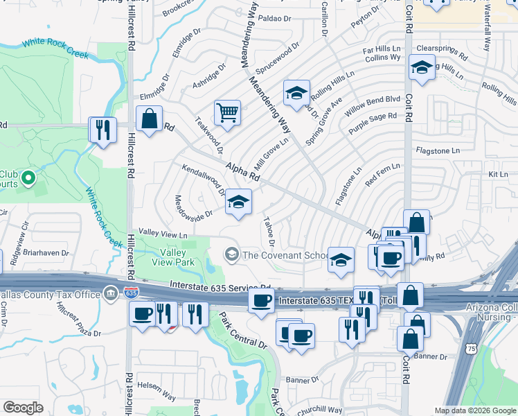 map of restaurants, bars, coffee shops, grocery stores, and more near 13310 Spring Grove Avenue in Dallas