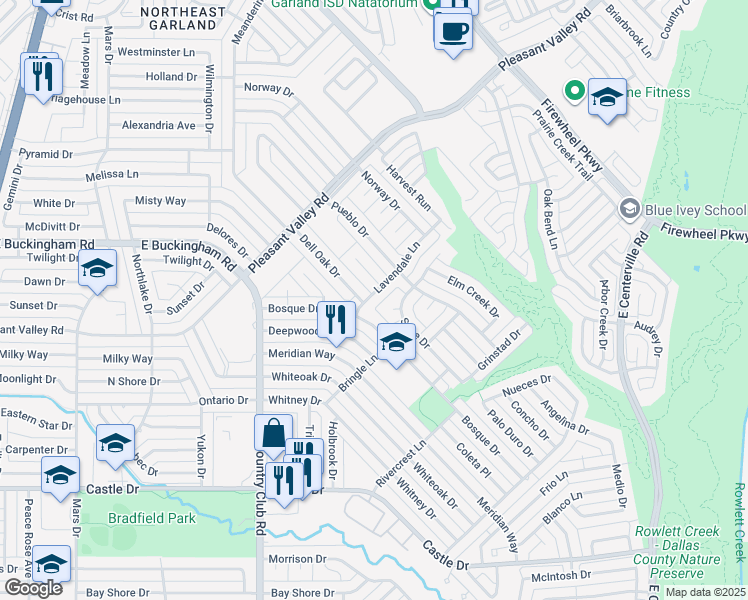 map of restaurants, bars, coffee shops, grocery stores, and more near 1414 Lavendale Lane in Garland