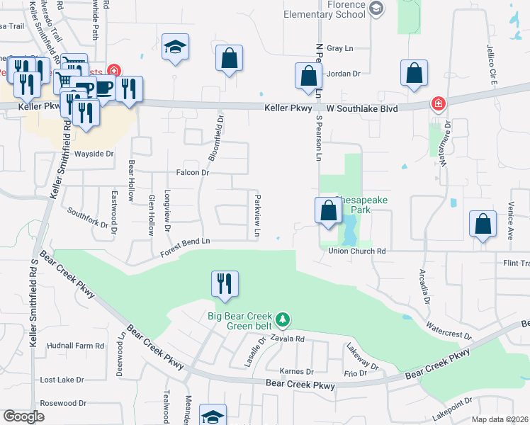 map of restaurants, bars, coffee shops, grocery stores, and more near 317 Parkview Lane in Keller