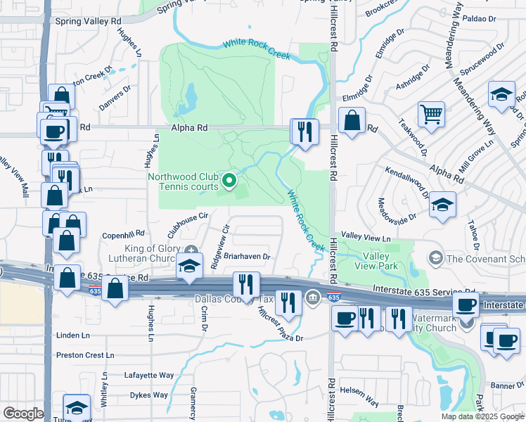 map of restaurants, bars, coffee shops, grocery stores, and more near 6641 Ridgeview Circle in Dallas