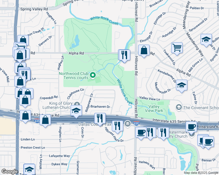 map of restaurants, bars, coffee shops, grocery stores, and more near 6641 Ridgeview Circle in Dallas