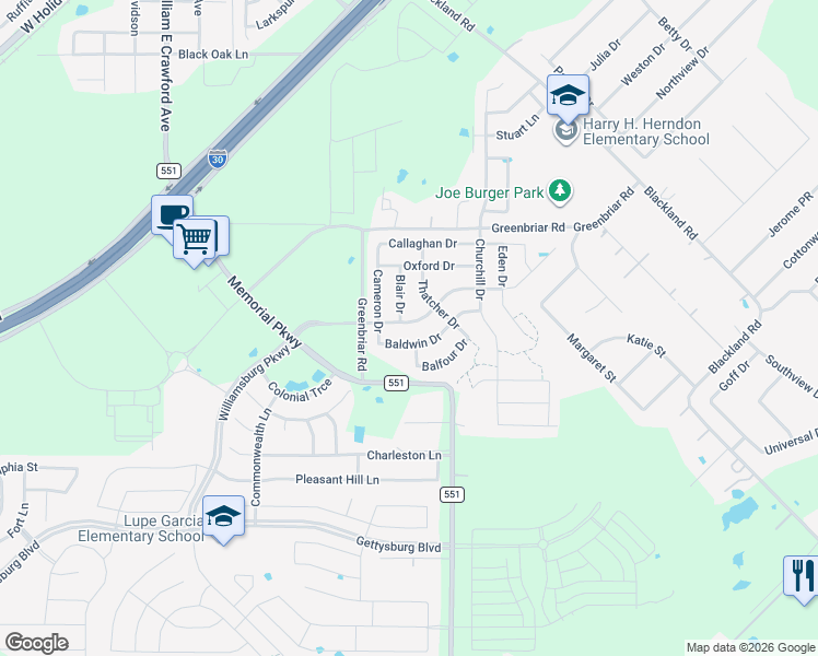 map of restaurants, bars, coffee shops, grocery stores, and more near 171 Chamberlain Drive in Royse City