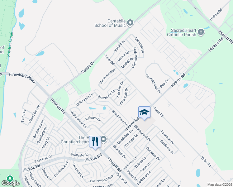 map of restaurants, bars, coffee shops, grocery stores, and more near 3105 Bluewood Drive in Rowlett