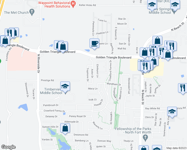 map of restaurants, bars, coffee shops, grocery stores, and more near 10648 Astor Drive in Fort Worth