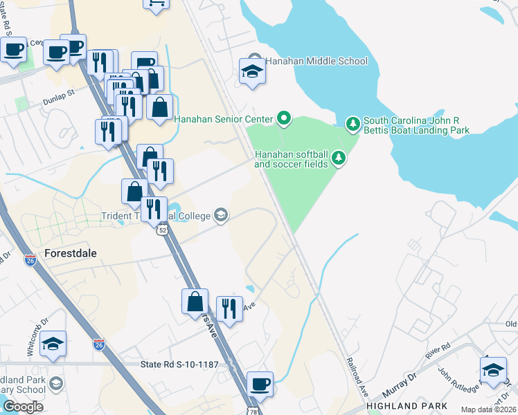 map of restaurants, bars, coffee shops, grocery stores, and more near in Hanahan