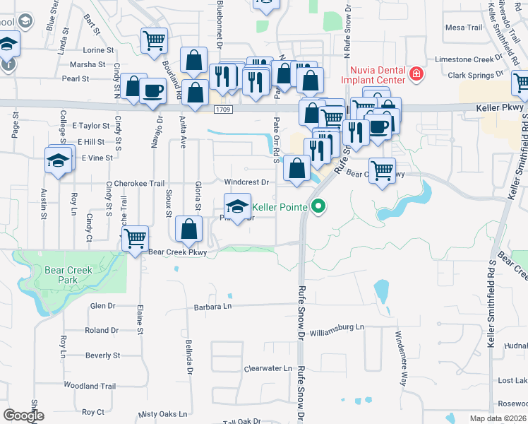map of restaurants, bars, coffee shops, grocery stores, and more near 806 Clover Lane in Keller