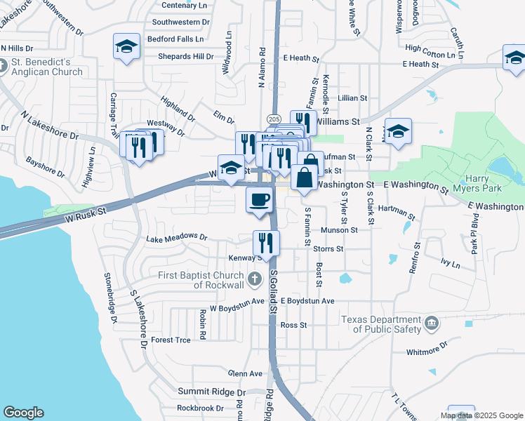 map of restaurants, bars, coffee shops, grocery stores, and more near 302 South Goliad Street in Rockwall