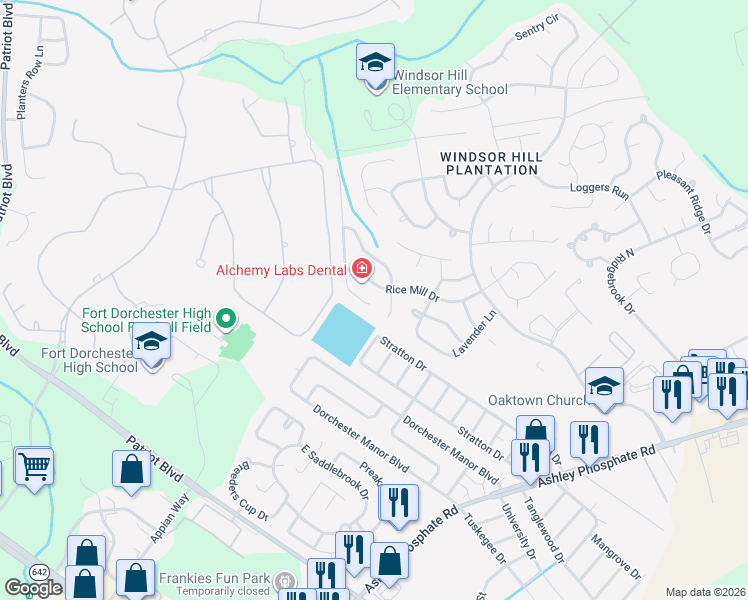 map of restaurants, bars, coffee shops, grocery stores, and more near 6610 Bent Creek Drive in North Charleston