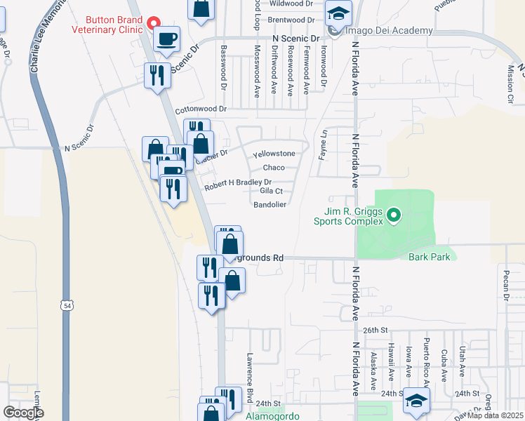 map of restaurants, bars, coffee shops, grocery stores, and more near 329 Bandolier in Alamogordo