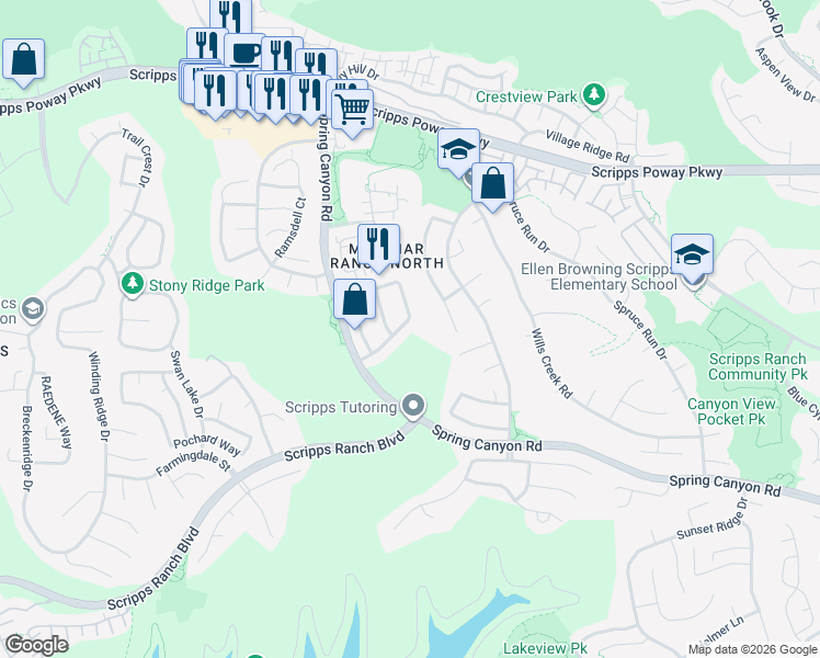 map of restaurants, bars, coffee shops, grocery stores, and more near 10957 Waterton Road in San Diego