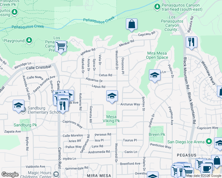 map of restaurants, bars, coffee shops, grocery stores, and more near 8696 Lepus Road in San Diego