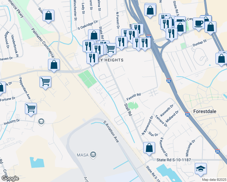 map of restaurants, bars, coffee shops, grocery stores, and more near 7249 Stall Road in North Charleston