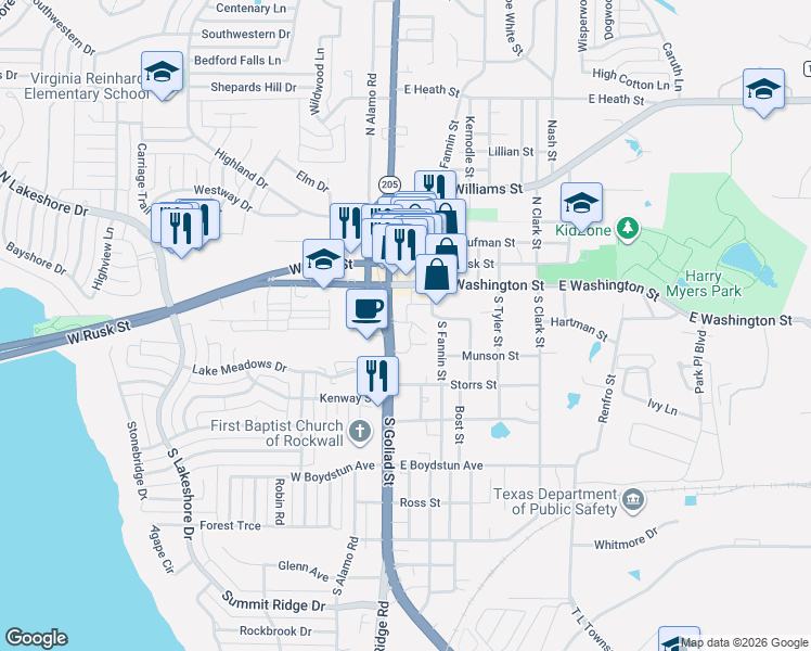 map of restaurants, bars, coffee shops, grocery stores, and more near 212 East Rusk Street in Rockwall