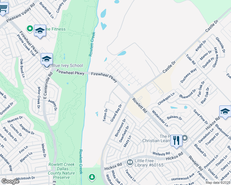 map of restaurants, bars, coffee shops, grocery stores, and more near 3318 Rough Creek Drive in Garland