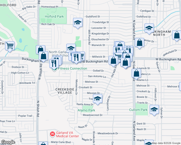 map of restaurants, bars, coffee shops, grocery stores, and more near 1825 Goliad Drive in Garland