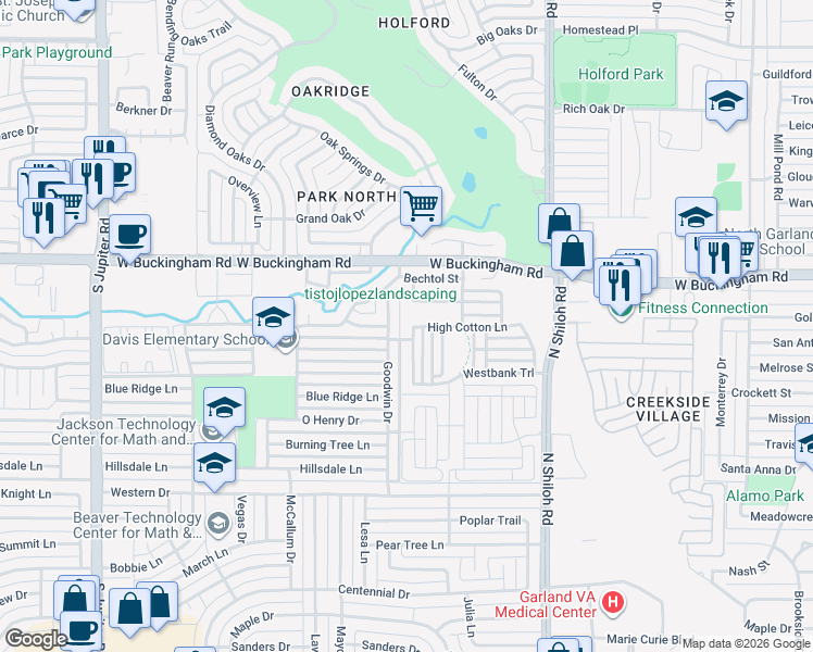 map of restaurants, bars, coffee shops, grocery stores, and more near 2742 Dodson Street in Garland