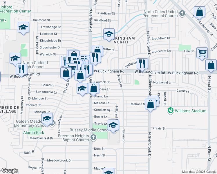 map of restaurants, bars, coffee shops, grocery stores, and more near 1102 Lourock Street in Garland