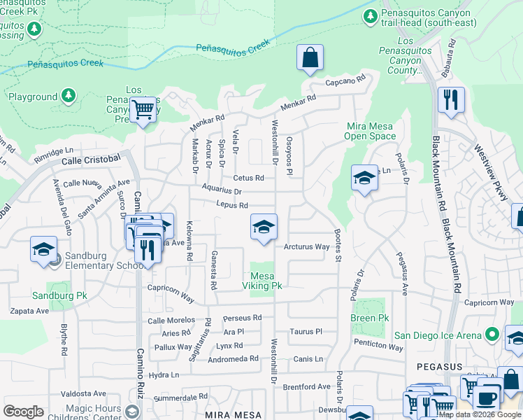 map of restaurants, bars, coffee shops, grocery stores, and more near 8696 Lepus Road in San Diego